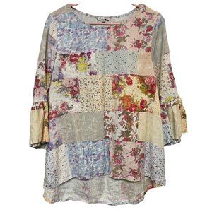 John Mark Women's Long Sleeve Patchwork Quilt Knit Blouse Floral Size Med Linen